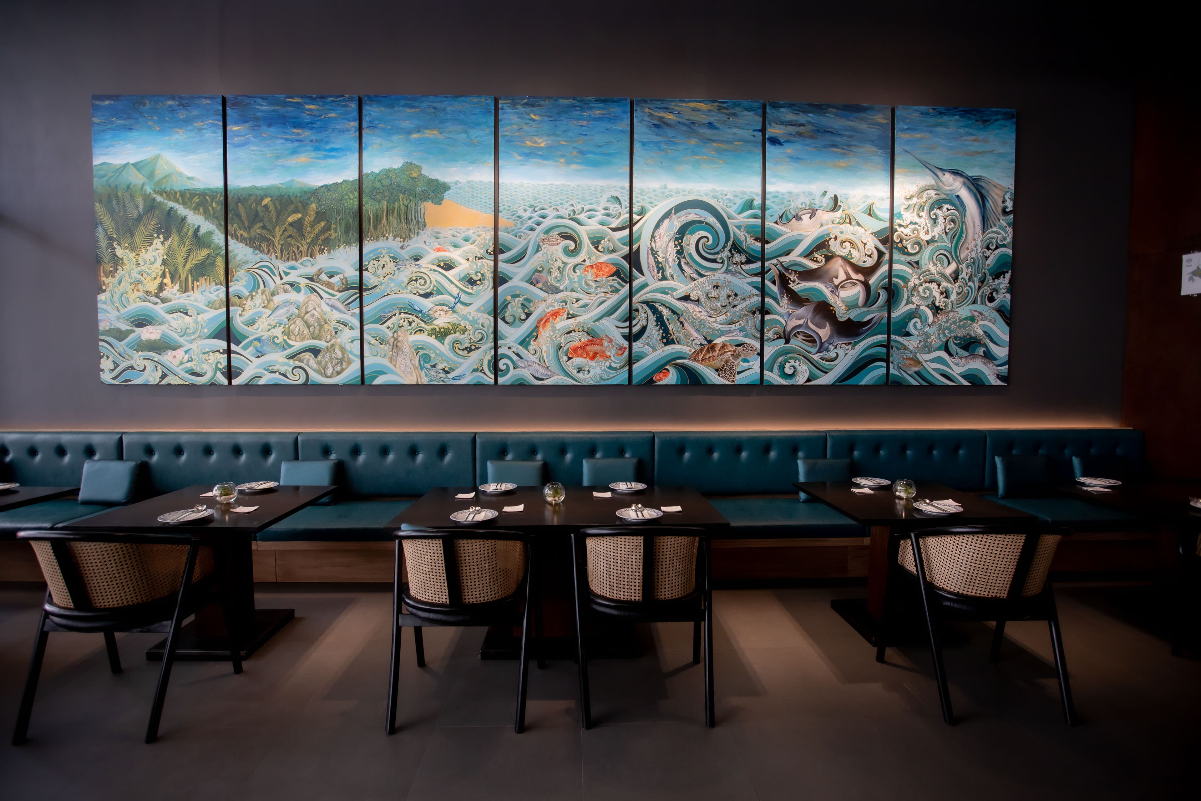 SYNTH Bangkok dining room, hand-painted wave mural